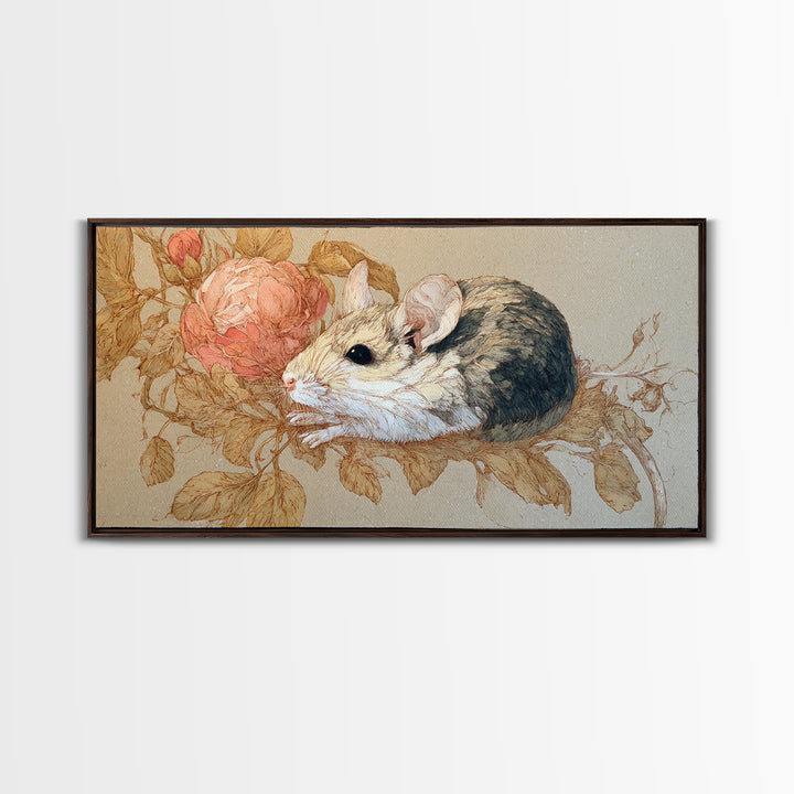 Mouse Ballerina in a Rose Garden Framed Canvas Print, Whimsical Art, Cat Art, Living Room Decor, Watercolor Art, Wonder, WHI-2x1-79