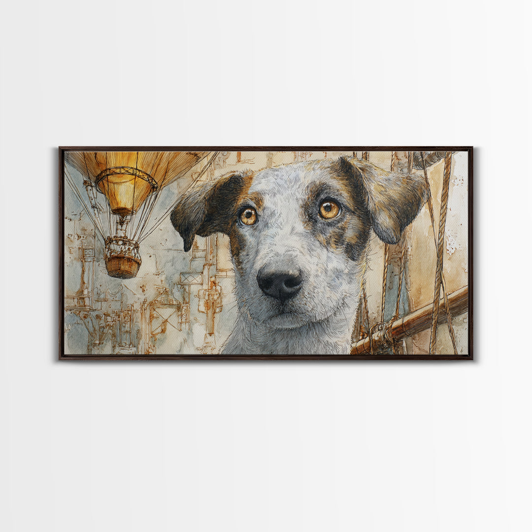 Dog in a Hot Air Balloon Canvas Print, Whimsical Art, Digital Art, Living Room Decor, Wonder, Nursery, Abstract Wall Art, WHI-2x1-82