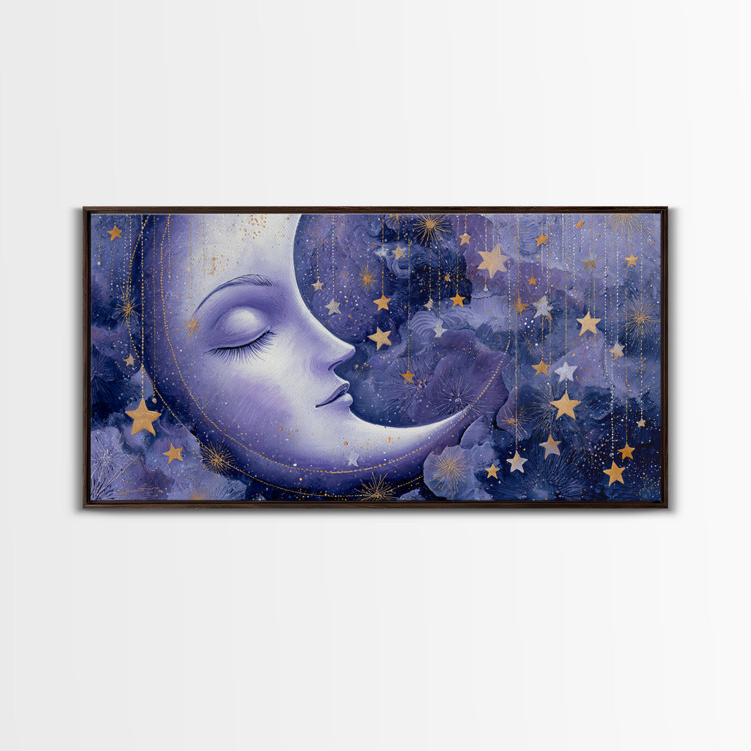 Moon with Sleeping Face and Dangling Stars Framed Canvas Print, Whimsical Art, Living Room Decor, Wonder, Gallery Decor, WHI-2x1-84