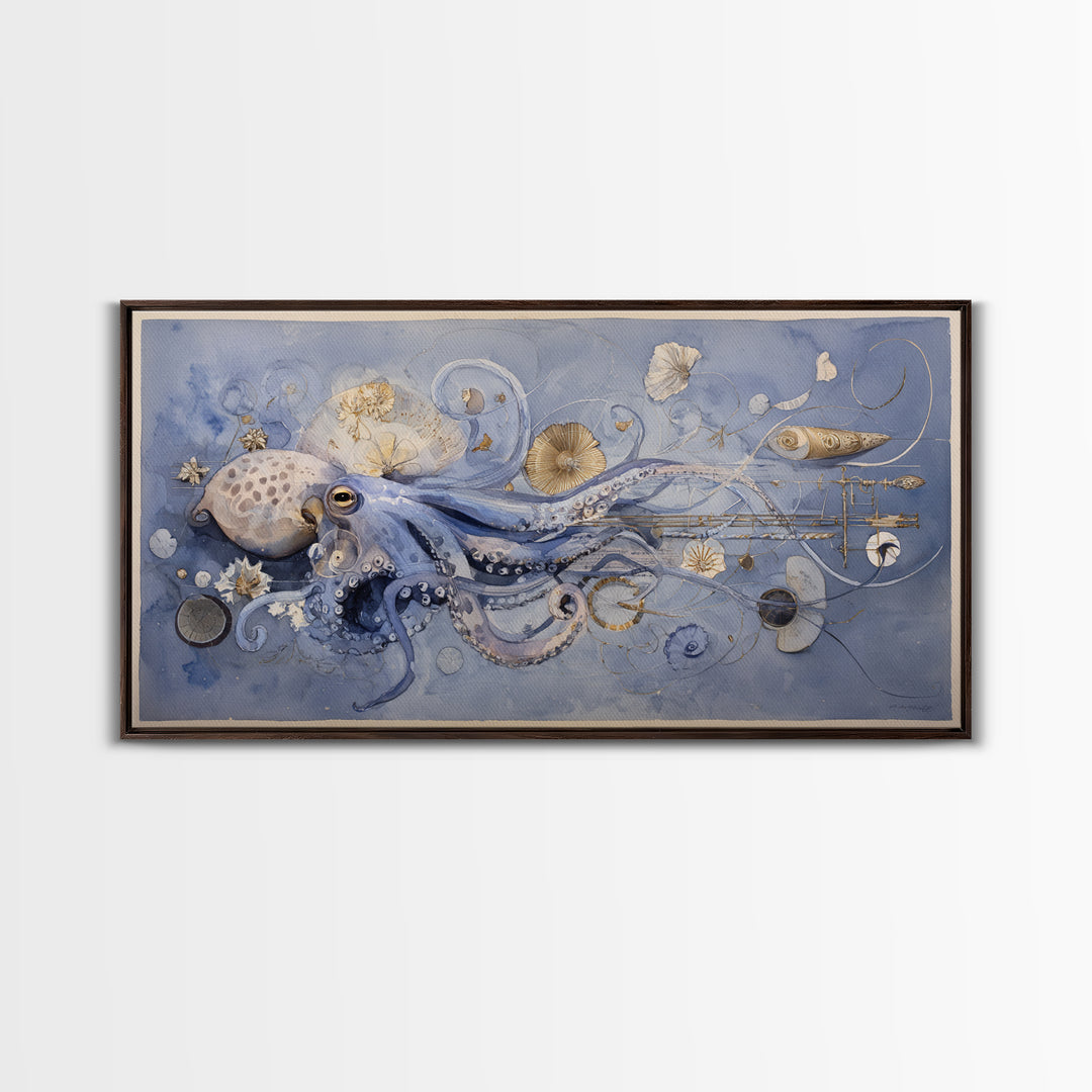 Octopus Conductor with Tiny Instruments Framed Canvas Print, Whimsical Art, Pet Portrait, Living Room Decor, Fine Art, Wonder, WHI-2x1-86