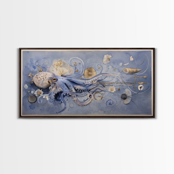 Octopus Conductor with Tiny Instruments Framed Canvas Print, Whimsical Art, Pet Portrait, Living Room Decor, Fine Art, Wonder, WHI-2x1-86