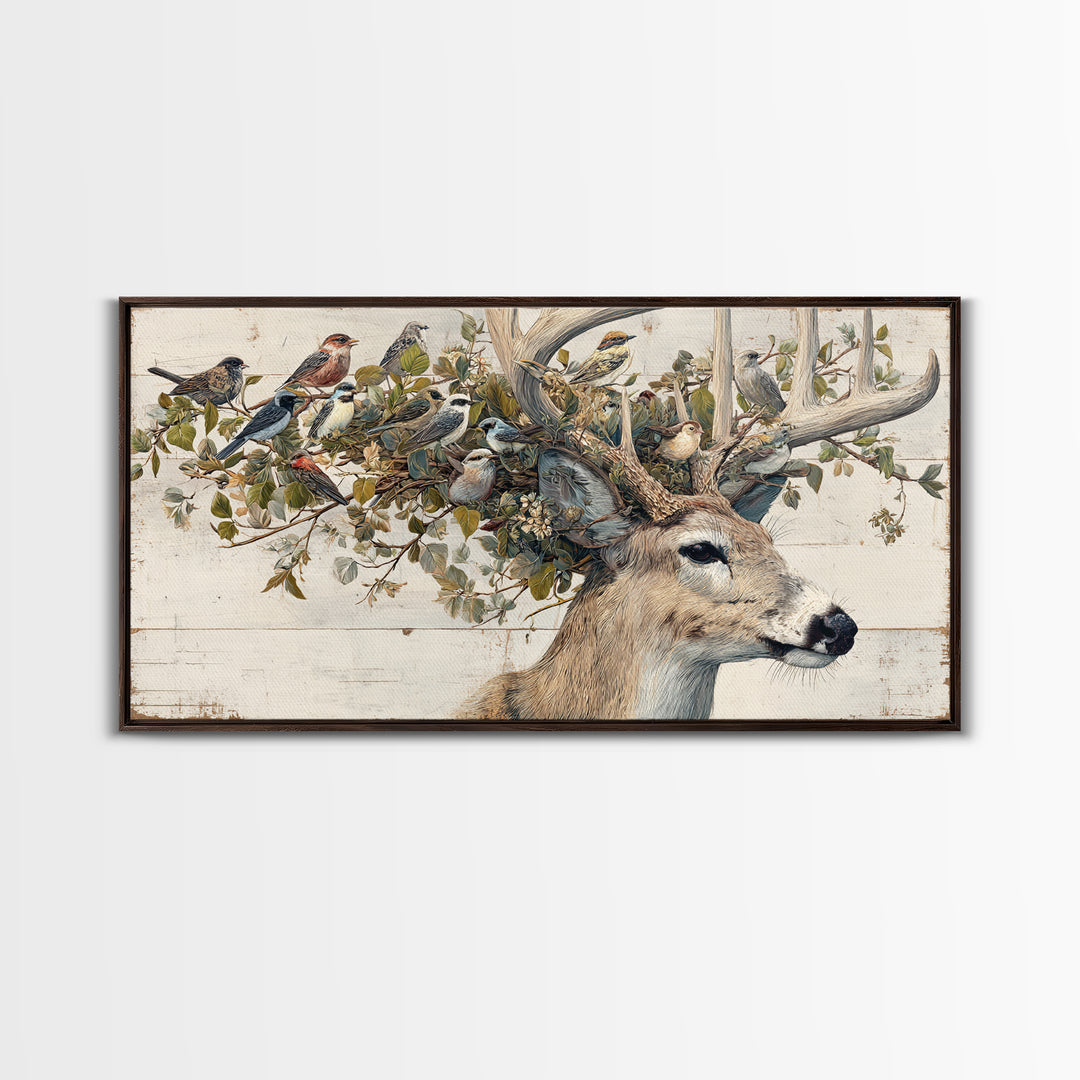 Deer with Antlers Full of Birds Framed Canvas Print, Whimsical Art, Nursery Wall Decor, Living Room Decor, Fine Art, Wonder, WHI-2x1-87