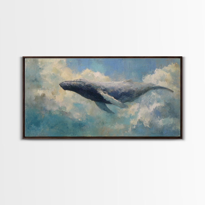 Whale Flying Through Clouds Like Ocean Framed Canvas Print, Whimsical Art, Art Print, Living Room Decor, Fine Art, Wonder, WHI-2x1-9