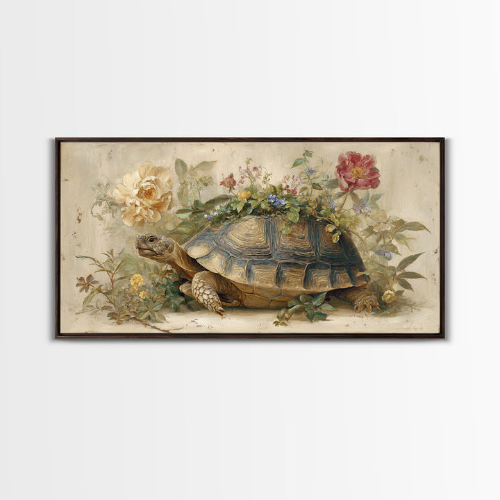 Turtle with Garden Growing on Shell Framed Canvas Print, Whimsical Art, Printable Wall Art, Living Room Decor, Fine Art, Wonder, WHI-2x1-90