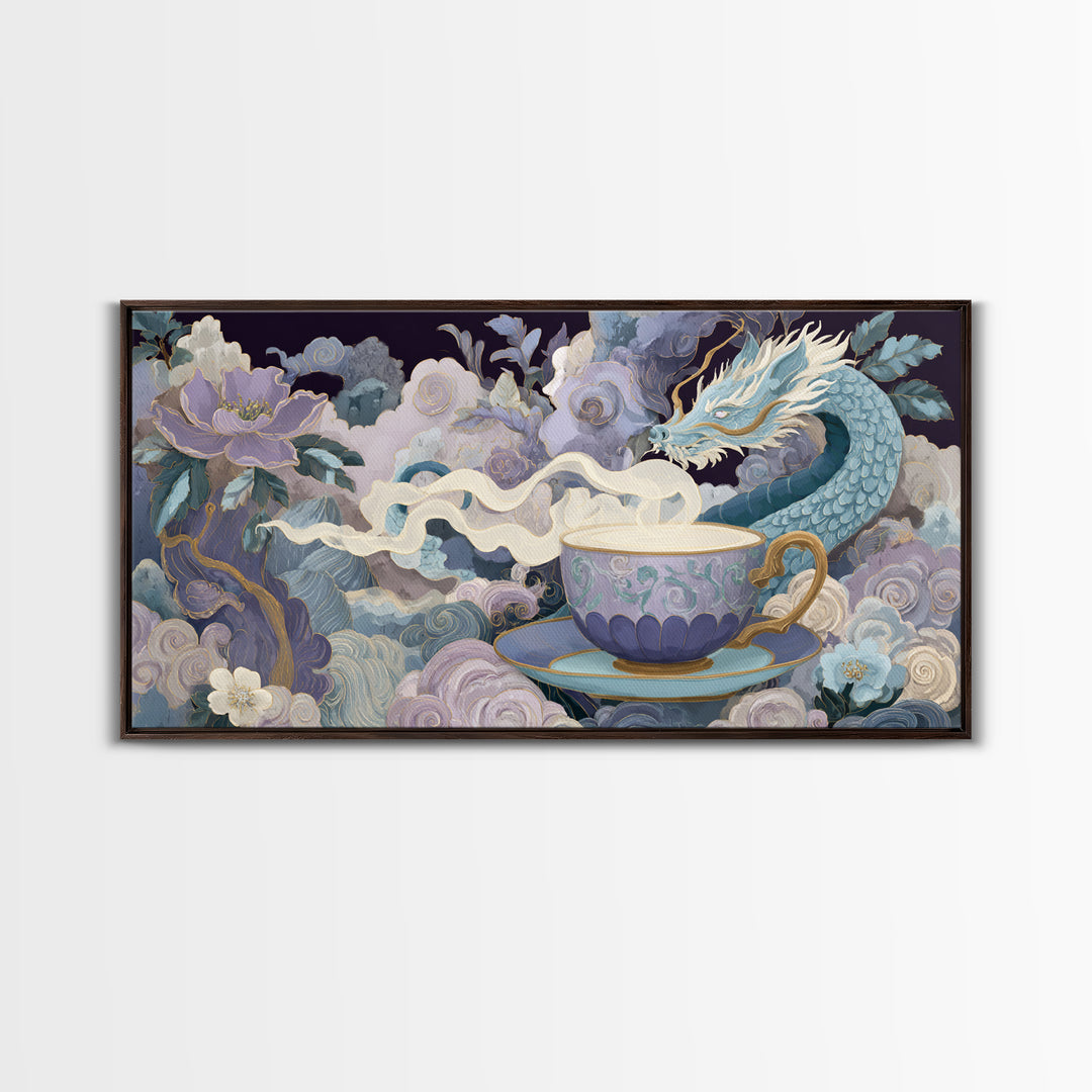 Dragon Curled Around a Teacup Framed Canvas Print, Whimsical Art, Whimsical, Living Room Decor, Oil Painting, Wonder, WHI-2x1-92