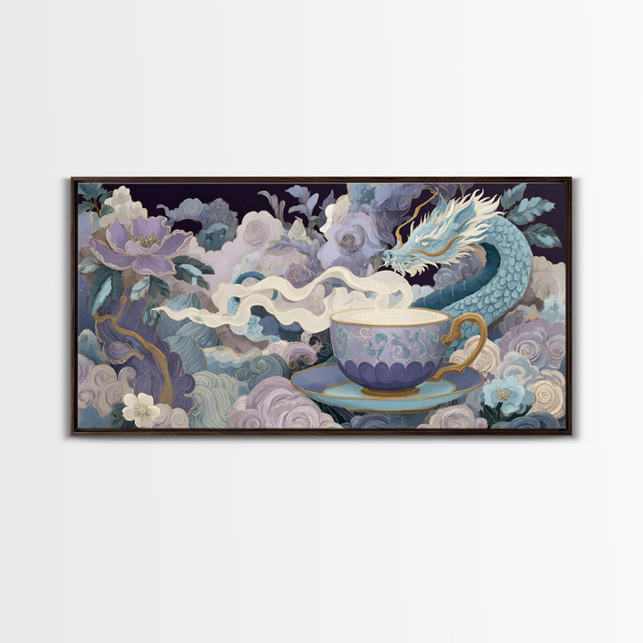 Dragon Curled Around a Teacup Framed Canvas Print, Whimsical Art, Whimsical, Living Room Decor, Oil Painting, Wonder, WHI-2x1-92