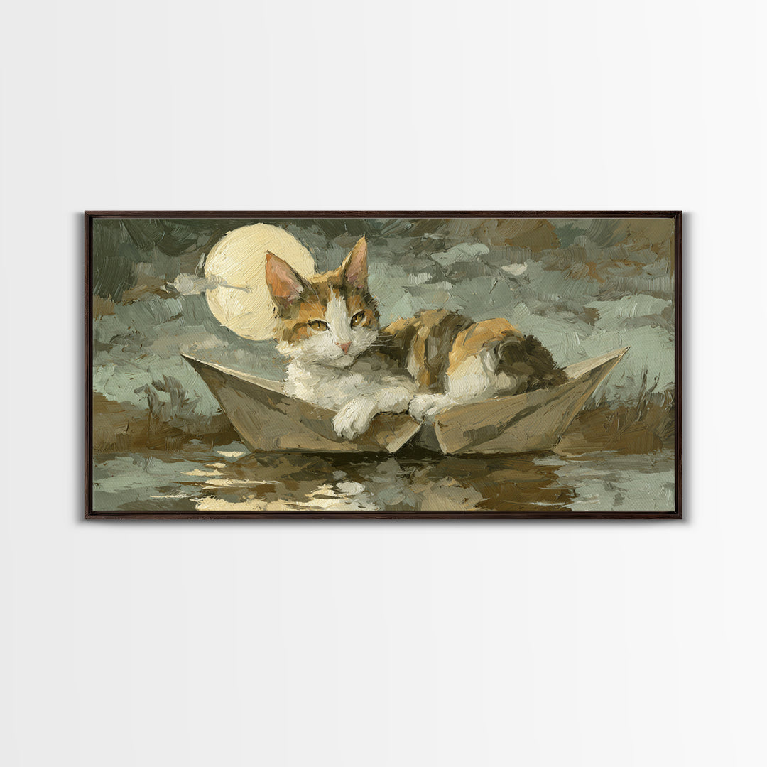 Cat Sailing a Paper Boat Canvas Print, Whimsical Art, Oil Painting, Living Room Decor, Fine Art, Wonder, Dark Academia Decor, WHI-2x1-94