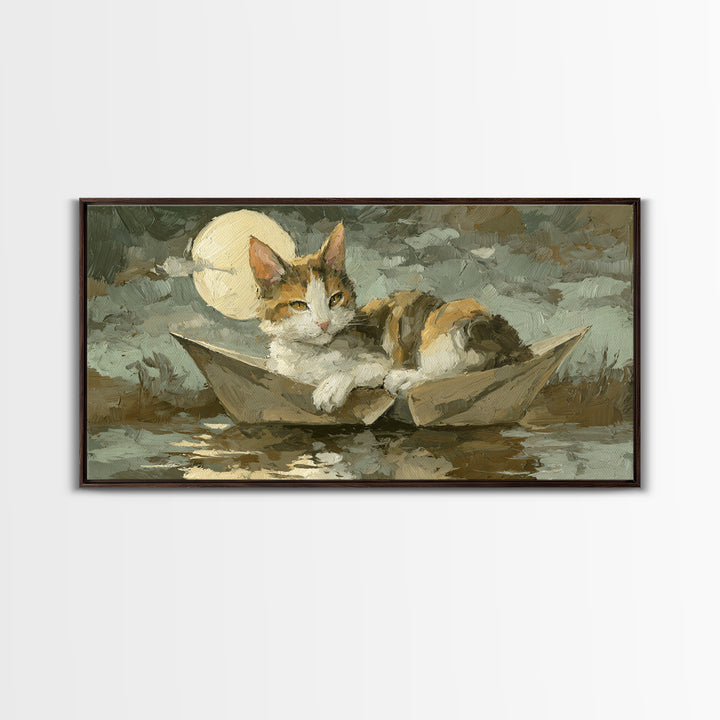 Cat Sailing a Paper Boat Canvas Print, Whimsical Art, Oil Painting, Living Room Decor, Fine Art, Wonder, Dark Academia Decor, WHI-2x1-94