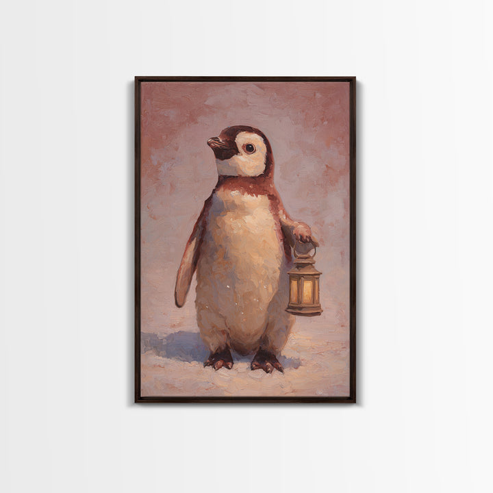 Penguin Holding a Lantern Framed Canvas Print, Whimsical Art, Oil Painting, Living Room Decor, Wonder, Dark Academia Decor, WHI-2x3-1
