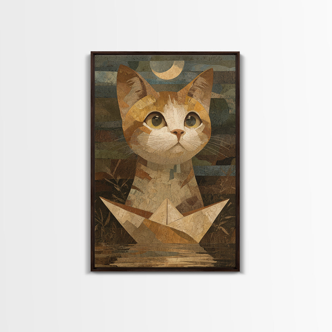 Cat Sailing a Paper Boat Canvas Print, Whimsical Art, Contemporary Art, Living Room Decor, Fine Art, Wonder, Art Nouveau, WHI-2x3-10