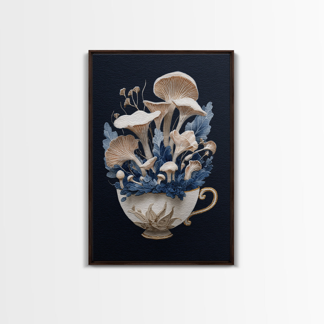 Teacup Garden with Tiny Mushrooms Framed Canvas Print, Whimsical Art, Printable Wall Art, Living Room Decor, Fine Art, Wonder, WHI-2x3-12