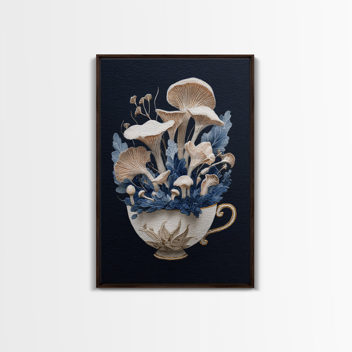 Teacup Garden with Tiny Mushrooms Framed Canvas Print, Whimsical Art, Printable Wall Art, Living Room Decor, Fine Art, Wonder, WHI-2x3-12