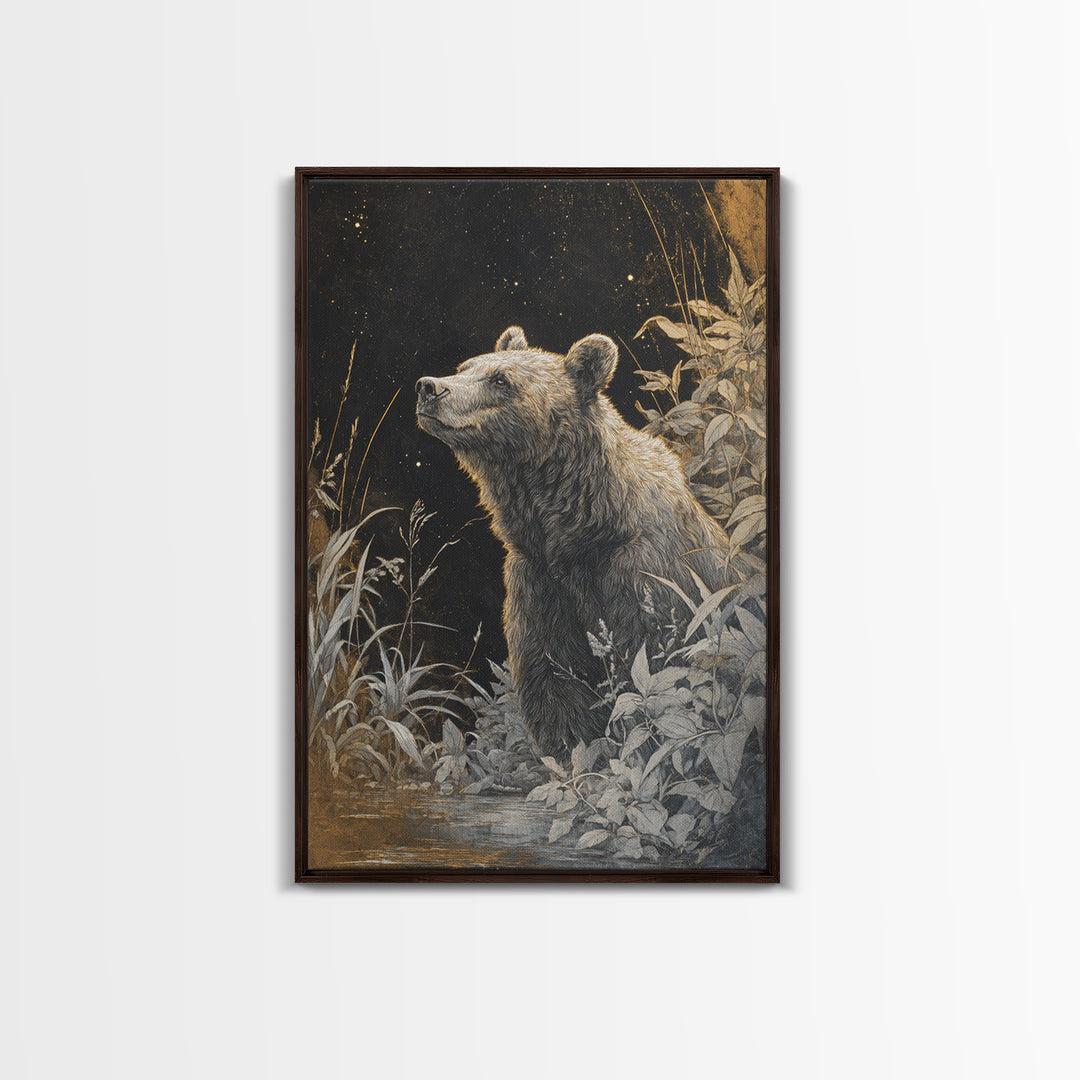 Bear Painting Stars Onto the Night Sky Framed Canvas Print, Whimsical Art, Art Nouveau, Living Room Decor, Abstract Art, Wonder, WHI-2x3-17