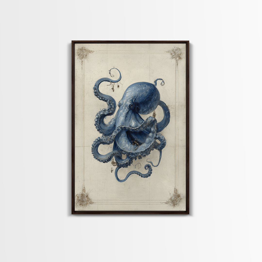 Octopus Conductor with Tiny Instruments Framed Canvas Print, Whimsical Art, Living Room Decor, Abstract Art, Wonder, WHI-2x3-2