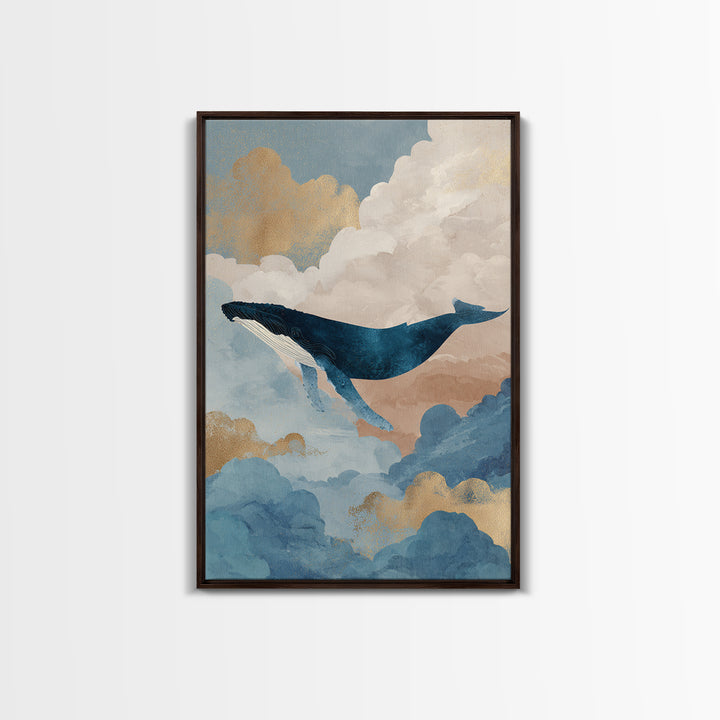 Whale Flying Through Clouds Like Ocean Framed Canvas Print, Whimsical Art, Printable Wall Art, Living Room Decor, Wonder, WHI-2x3-21