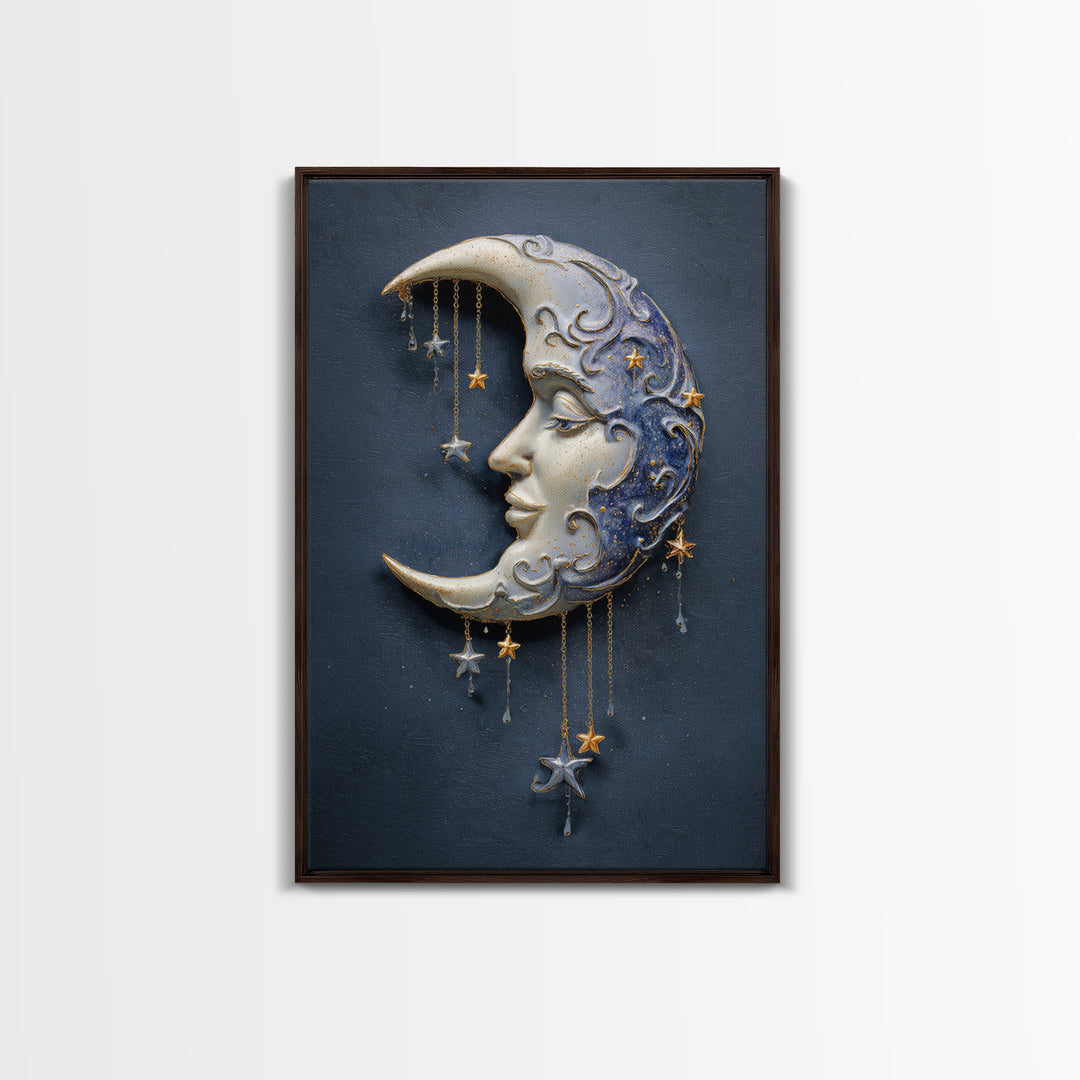 Moon with Sleeping Face and Dangling Stars Framed Canvas Print, Whimsical Art, Modern Decor, Living Room Decor, Wonder, WHI-2x3-24