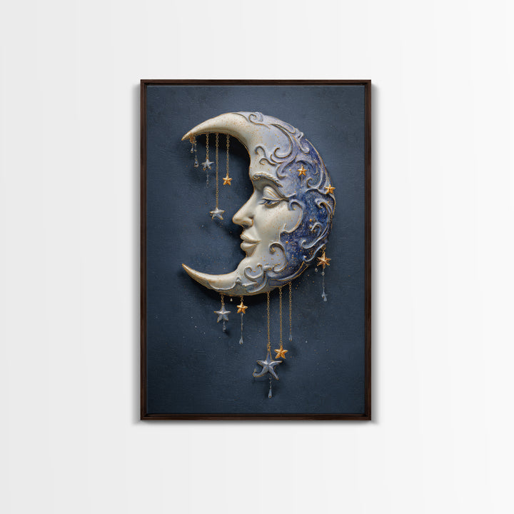 Moon with Sleeping Face and Dangling Stars Framed Canvas Print, Whimsical Art, Modern Decor, Living Room Decor, Wonder, WHI-2x3-24