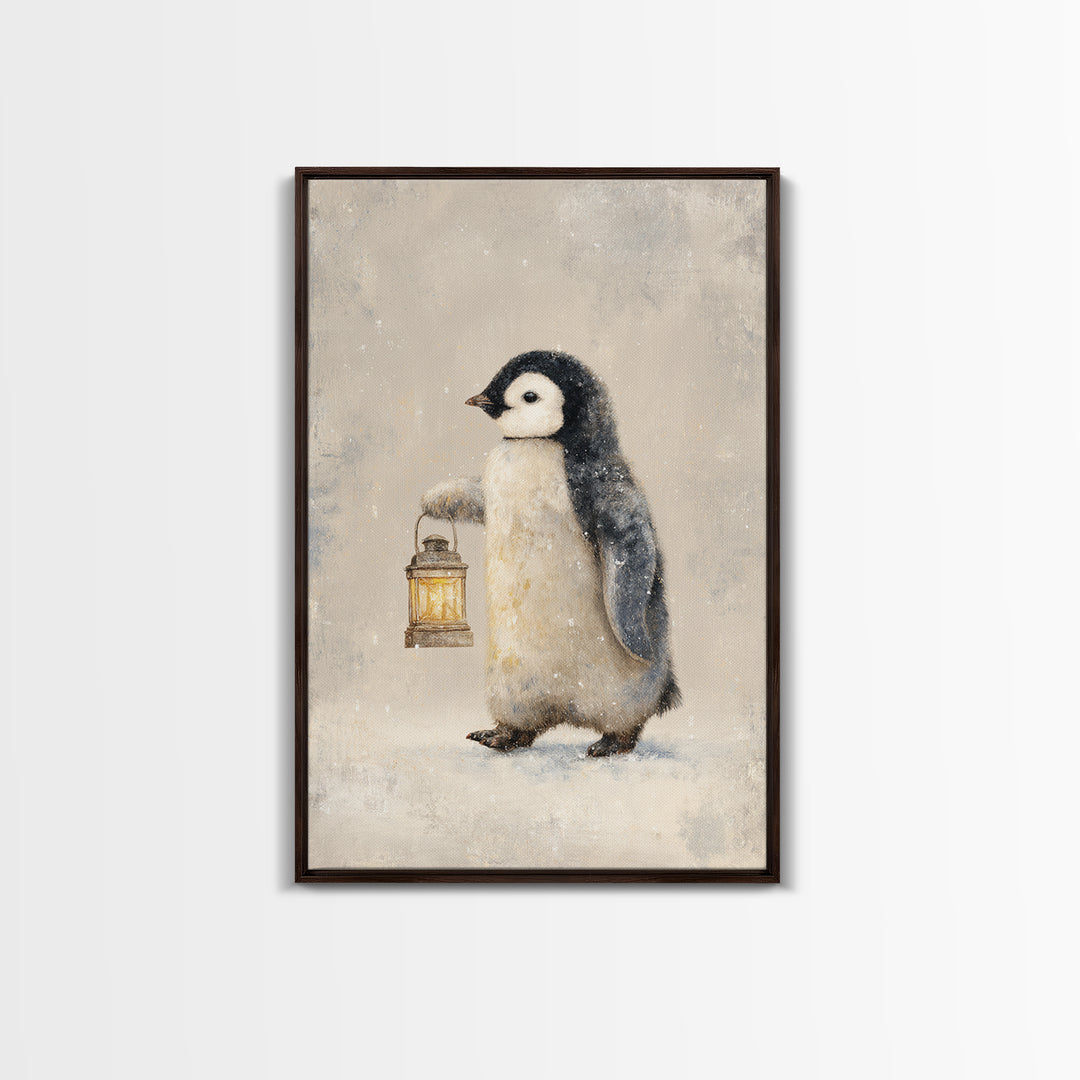Penguin Holding a Lantern Framed Canvas Print, Whimsical Art, Oil Painting, Living Room Decor, Wonder, Dark Academia Decor, WHI-2x3-25