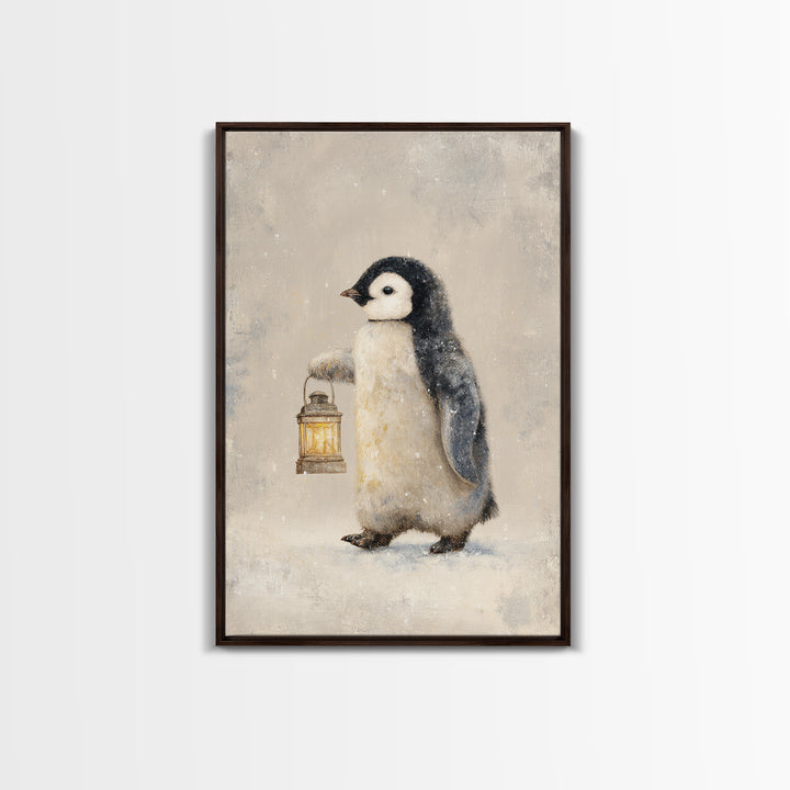 Penguin Holding a Lantern Framed Canvas Print, Whimsical Art, Oil Painting, Living Room Decor, Wonder, Dark Academia Decor, WHI-2x3-25