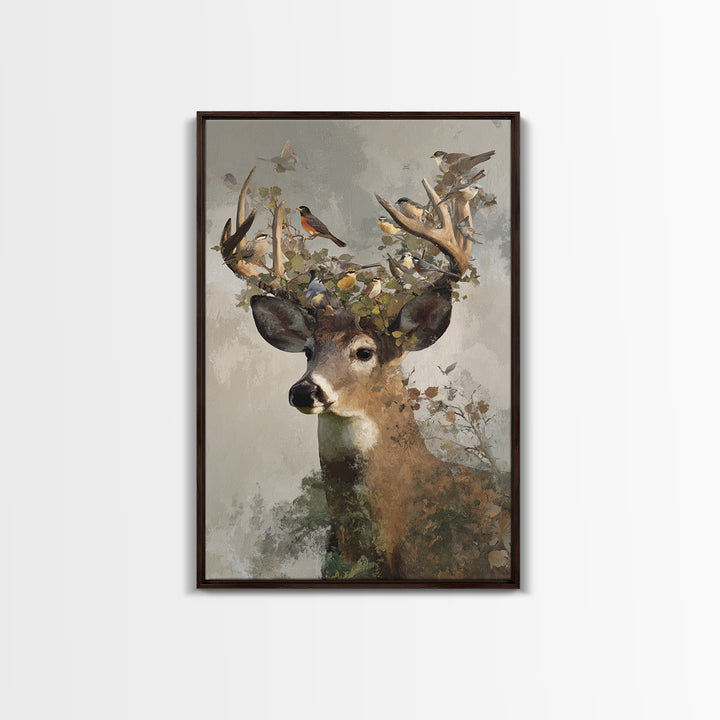 Deer with Antlers Full of Birds Framed Canvas Print, Whimsical Art, Room Decor, Living Room Decor, Wonder, Oil Painting, WHI-2x3-3
