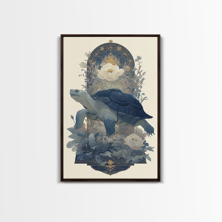 Turtle with Garden Growing on Shell Framed Canvas Print, Whimsical Art, Minimalist Decor, Living Room Decor, Oil Painting, WHI-2x3-30