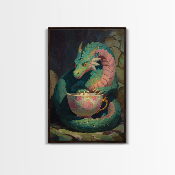 Dragon Curled Around a Teacup Canvas Print, Whimsical Art, Statement Artwork, Living Room Decor, Fine Art, Wonder, Art Print, WHI-2x3-32
