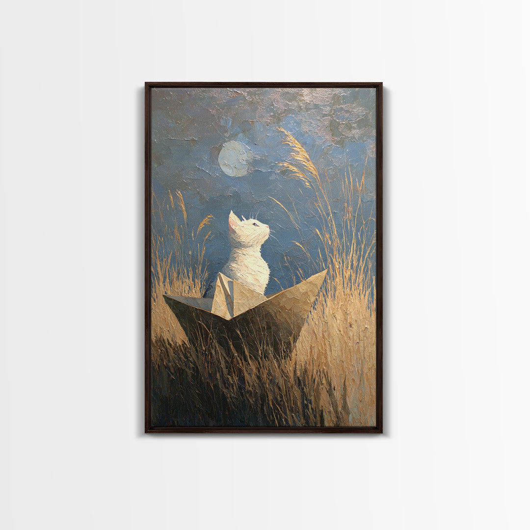 Cat Sailing a Paper Boat Framed Canvas Print, Whimsical Art, Digital Art, Living Room Decor, Fine Art, Wonder, Nursery, WHI-2x3-34