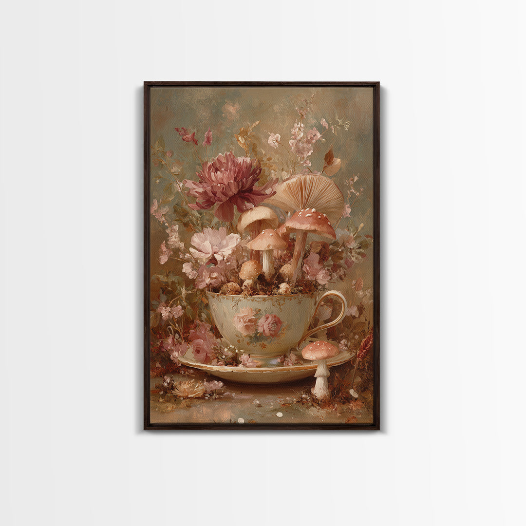 Teacup Garden with Tiny Mushrooms Framed Canvas Print, Whimsical Art, Watercolor Art, Living Room Decor, Fine Art, Wonder, WHI-2x3-36