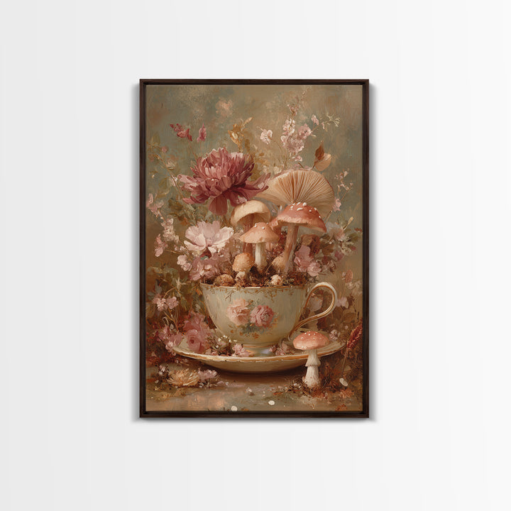 Teacup Garden with Tiny Mushrooms Framed Canvas Print, Whimsical Art, Watercolor Art, Living Room Decor, Fine Art, Wonder, WHI-2x3-36
