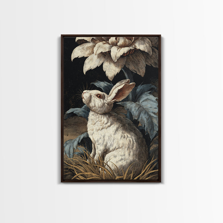 Rabbit Reading Beneath a Giant Flower Framed Canvas Print, Whimsical Art, Nursery Wall Art, Living Room Decor, Fine Art, Wonder, WHI-2x3-37