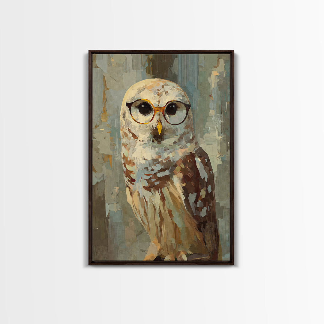 Owl Wearing Spectacles Among Stars Framed Canvas Print, Whimsical Art, Pet Portrait, Living Room Decor, Fine Art, Wonder, WHI-2x3-38