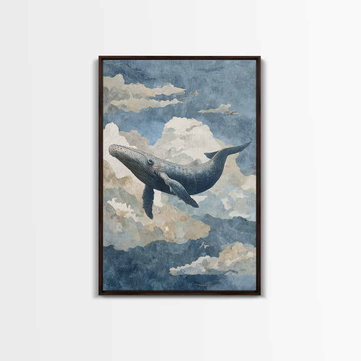Whale Flying Through Clouds Like Ocean Canvas Print, Whimsical Art, Framed Wall Art, Living Room Decor, Oil Painting, Wonder, WHI-2x3-45
