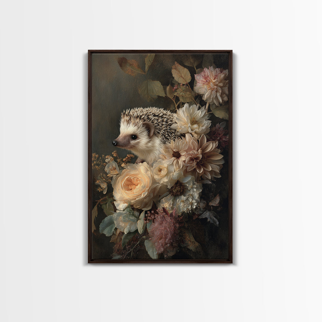 Hedgehog Carrying Wildflowers Framed Canvas Print, Whimsical Art, Art Nouveau, Living Room Decor, Wonder, Nursery Wall Decor, WHI-2x3-47