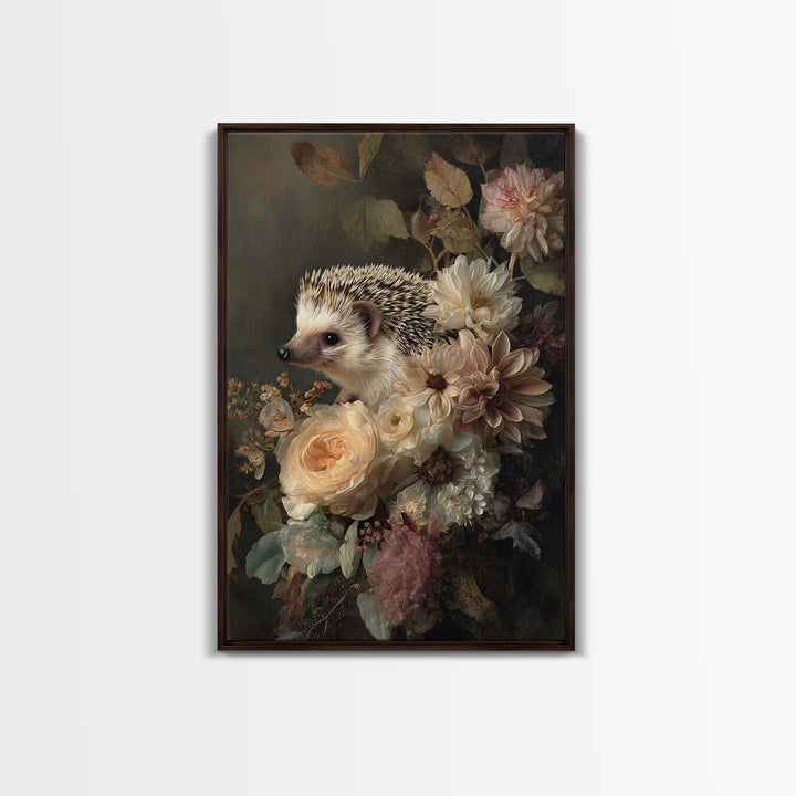 Hedgehog Carrying Wildflowers Framed Canvas Print, Whimsical Art, Art Nouveau, Living Room Decor, Wonder, Nursery Wall Decor, WHI-2x3-47
