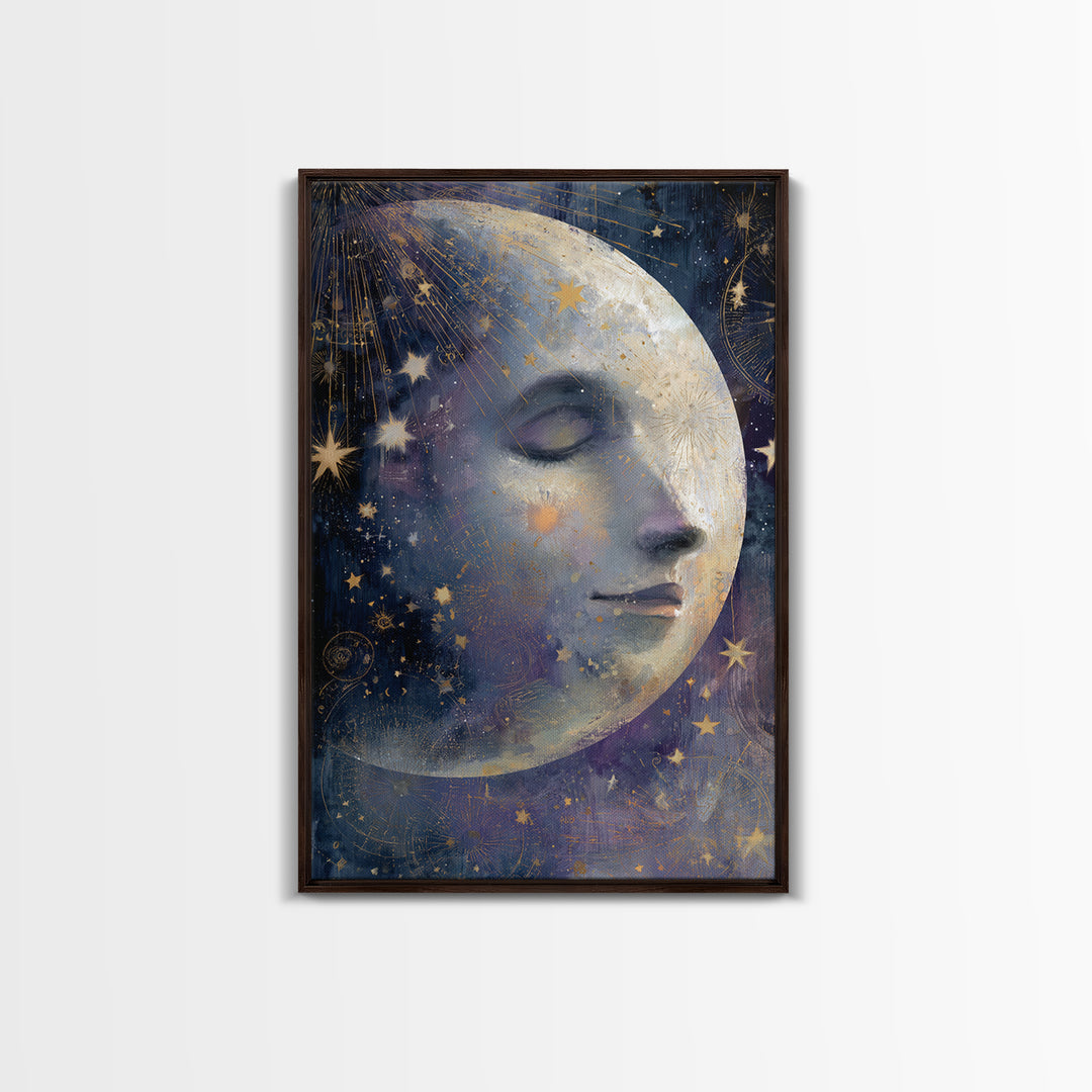 Moon with Sleeping Face and Dangling Stars Framed Canvas Print, Whimsical Art, Home Decor, Living Room Decor, Fine Art, Wonder, WHI-2x3-48