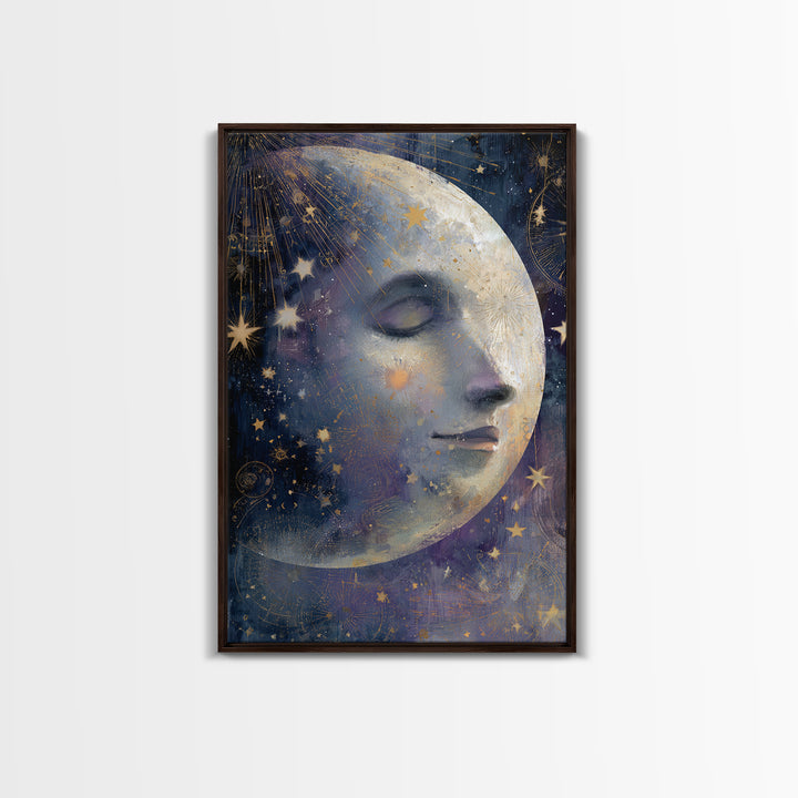 Moon with Sleeping Face and Dangling Stars Framed Canvas Print, Whimsical Art, Home Decor, Living Room Decor, Fine Art, Wonder, WHI-2x3-48