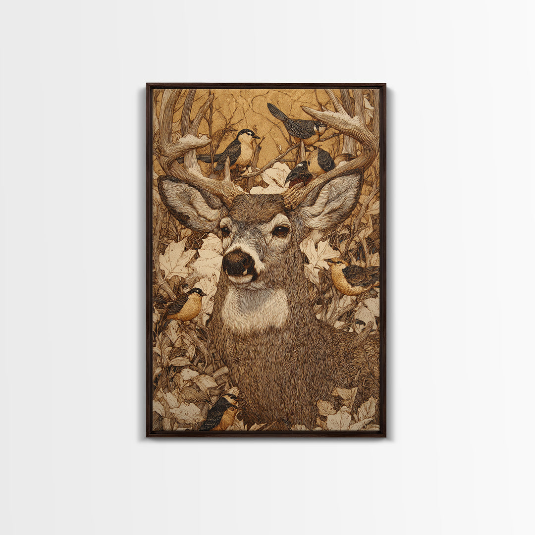 Deer with Antlers Full of Birds Framed Canvas Print, Whimsical Art, Printable Wall Art, Living Room Decor, Oil Painting, Wonder, WHI-2x3-51
