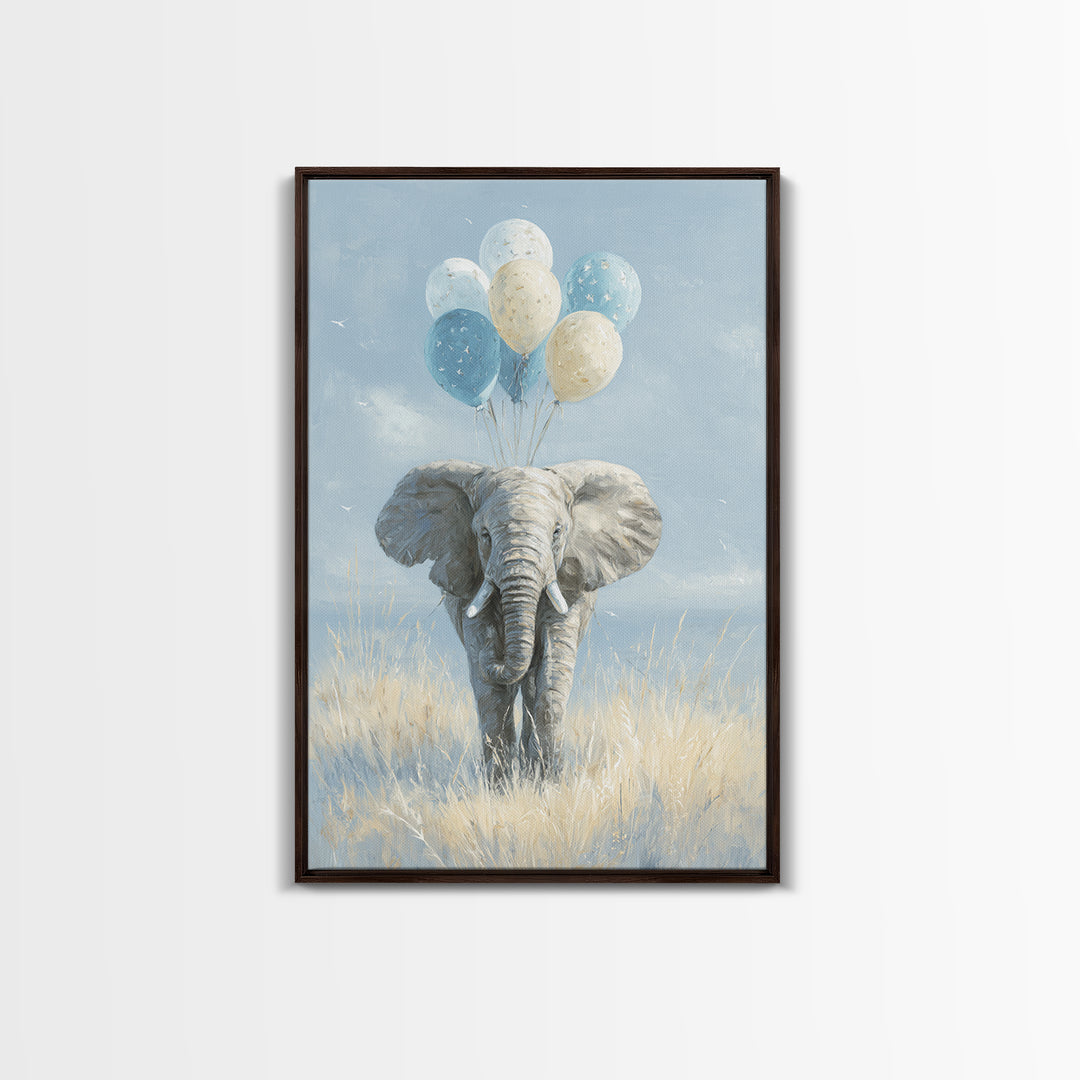 Elephant Holding Balloons Framed Canvas Print, Whimsical Art, Whimsical, Living Room Decor, Oil Painting, Wonder, Nursery Art, WHI-2x3-59