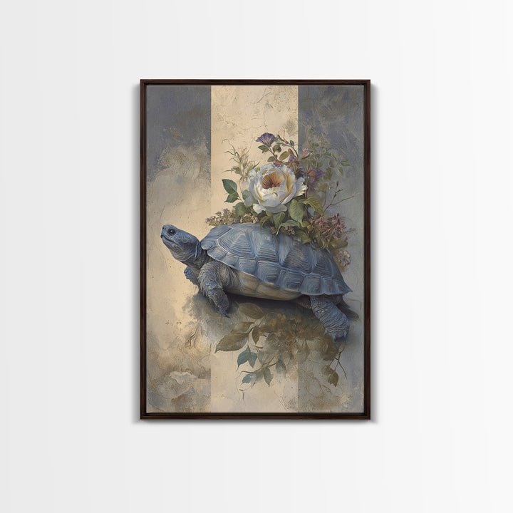 Turtle with Garden Growing on Shell Framed Canvas Print, Whimsical Art, Minimalist Decor, Living Room Decor, Oil Painting, WHI-2x3-6