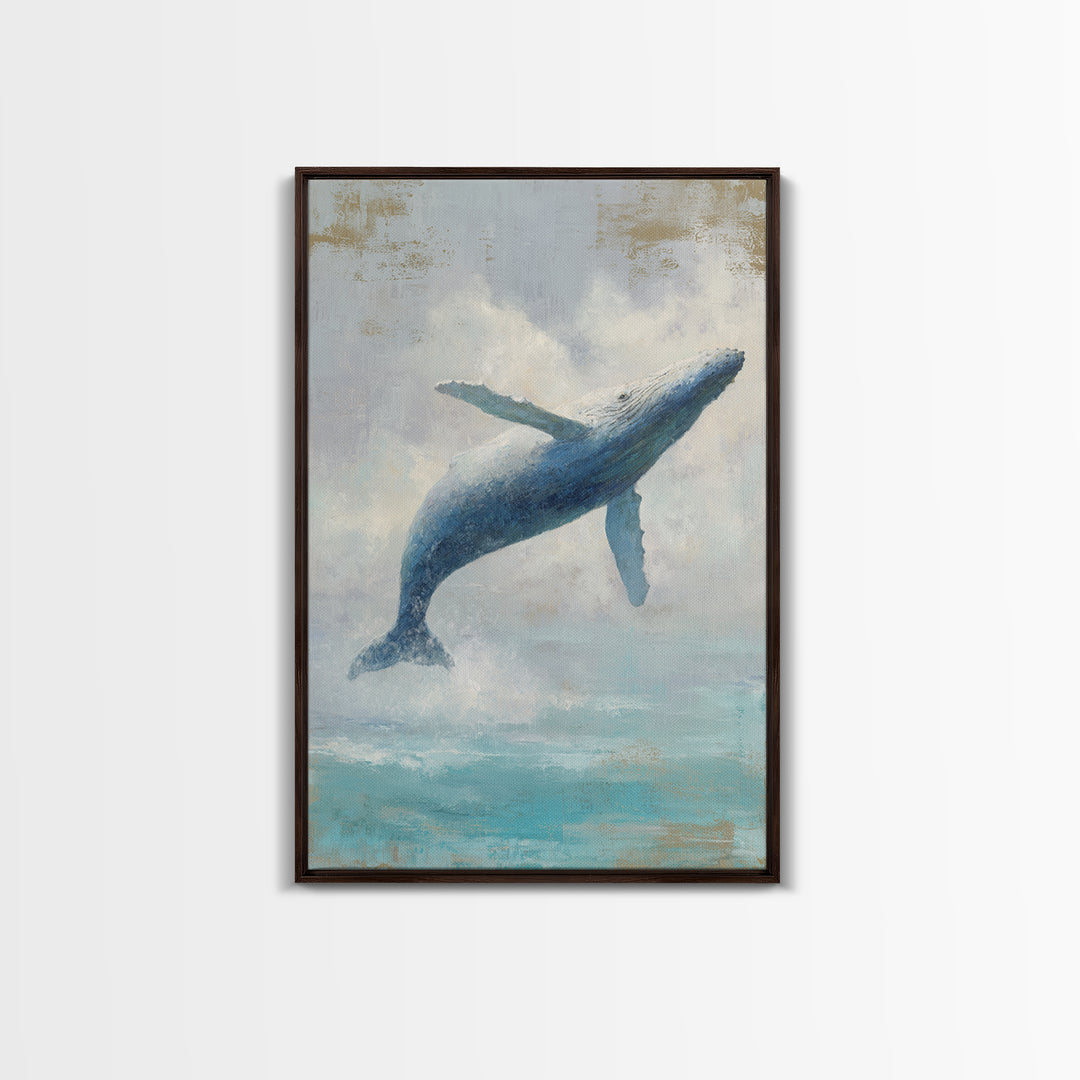 Whale Flying Through Clouds Like Ocean Framed Canvas Print, Whimsical Art, Living Room Decor, Fine Art, Wonder, Gallery Decor, WHI-2x3-69