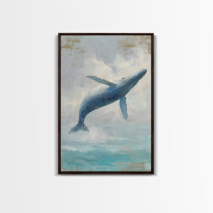 Whale Flying Through Clouds Like Ocean Framed Canvas Print, Whimsical Art, Living Room Decor, Fine Art, Wonder, Gallery Decor, WHI-2x3-69