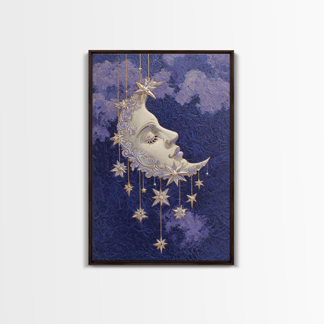Moon with Sleeping Face and Dangling Stars Canvas Print, Whimsical Art, Printable Wall Art, Living Room Decor, Fine Art, Wonder, WHI-2x3-72