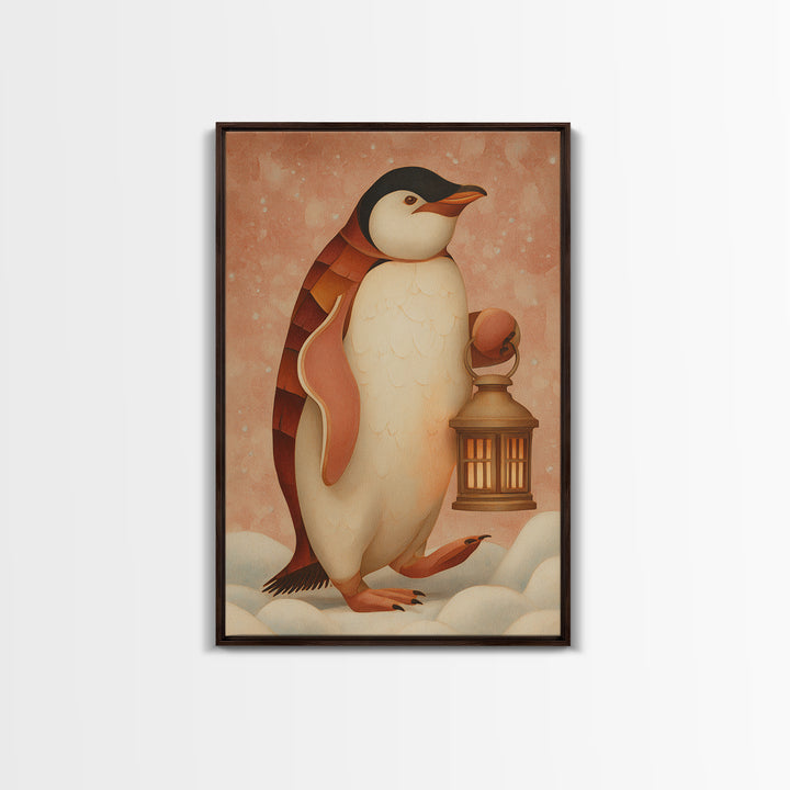 Penguin Holding a Lantern Framed Canvas Print, Whimsical Art, Abstract Wall Art, Living Room Decor, Fine Art, Wonder, WHI-2x3-73