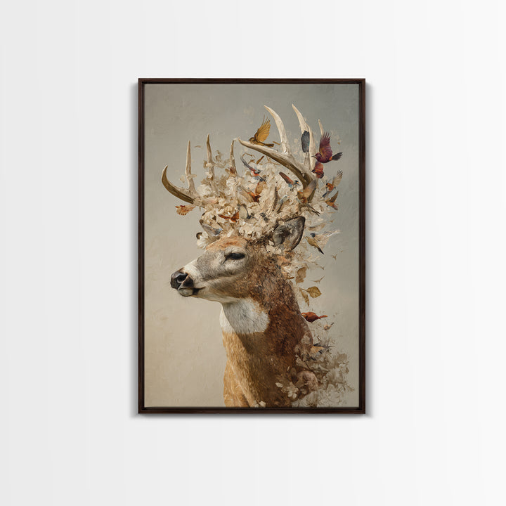 Deer with Antlers Full of Birds Framed Canvas Print, Whimsical Art, Living Room Decor, Fine Art, Wonder, Gallery Decor, WHI-2x3-75