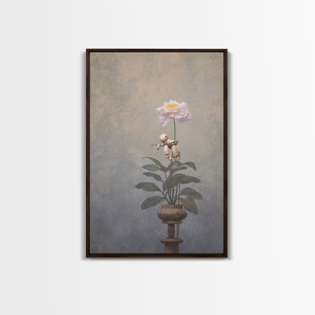 Robot Watering a Single Flower Canvas Print, Whimsical Art, Dark Academia Decor, Living Room Decor, Fine Art, Wonder, WHI-2x3-77