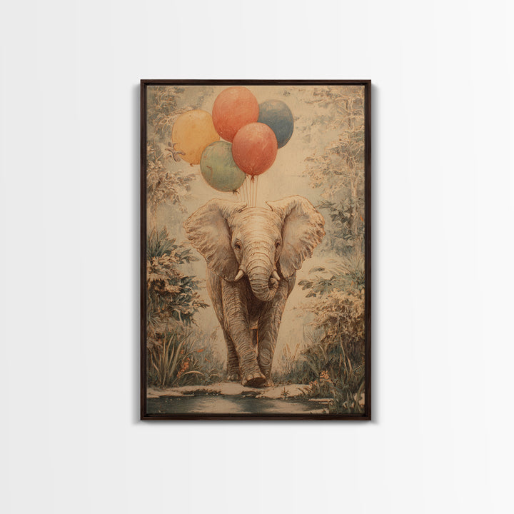 Elephant Holding Balloons Framed Canvas Print, Whimsical Art, Bird Art, Living Room Decor, Abstract Art, Wonder, WHI-2x3-83