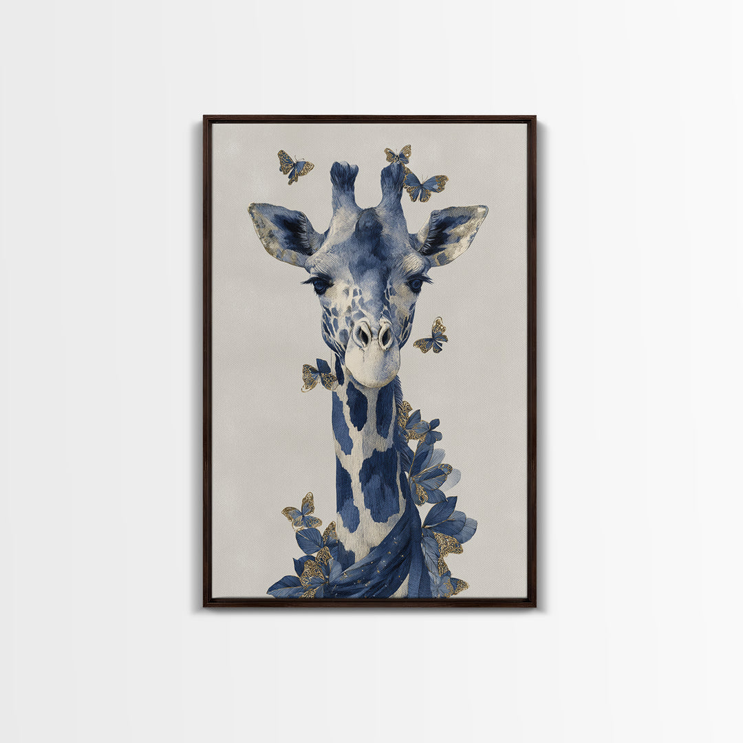 Giraffe with Scarf and Butterflies Framed Canvas Print, Whimsical Art, Framed Wall Art, Living Room Decor, Fine Art, Wonder, WHI-2x3-90