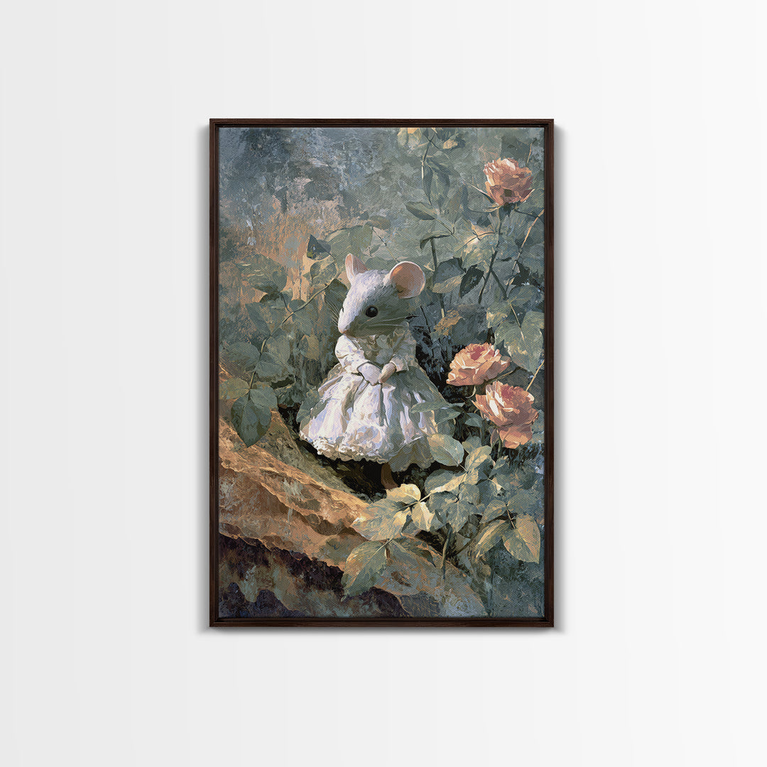 Mouse Ballerina in a Rose Garden Canvas Print, Whimsical Art, Cat Art, Living Room Decor, Watercolor Art, Wonder, WHI-2x3-91