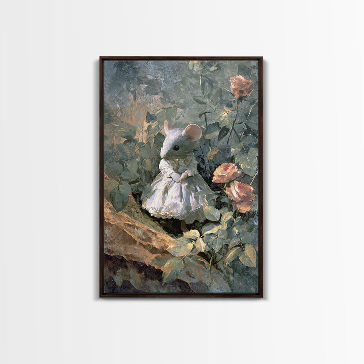 Mouse Ballerina in a Rose Garden Canvas Print, Whimsical Art, Cat Art, Living Room Decor, Watercolor Art, Wonder, WHI-2x3-91
