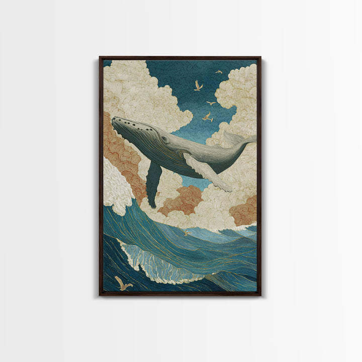 Whale Flying Through Clouds Like Ocean Framed Canvas Print, Whimsical Art, Living Room Decor, Fine Art, Wonder, Gallery Decor, WHI-2x3-93